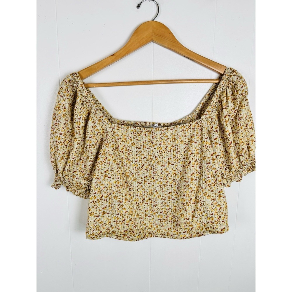 Madewell Size Medium Floral Puff Sleeve Crop Top Smocked‎ Earthtones Green Brown